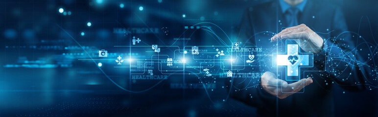 Medical expert hands holding report healthcare network connections diagnostics treatment wellness patient monitoring data innovation services records efficiency outcomes.