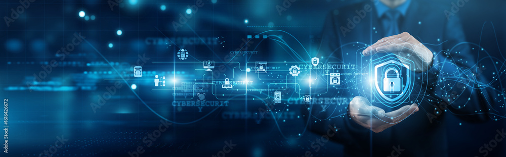 Poster cyber analyst hands holding shield cybersecurity network connections firewall threat protection encr