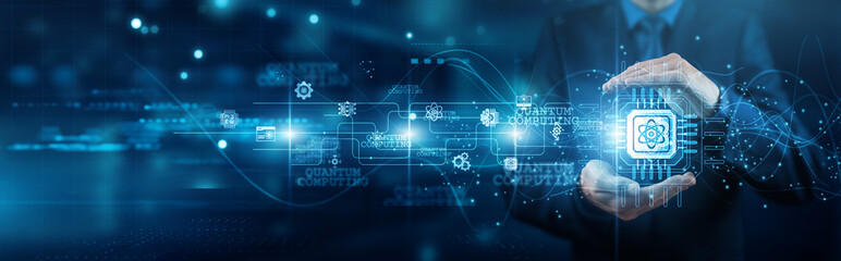 Quantum physicist hands holding processor quantum computing network connections qubits entanglement...