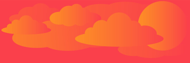 Red sky with orange clouds and sun. Vector bright gradient in flat style. Autumn palette and summer heat. Empty horizontal banner with copy space