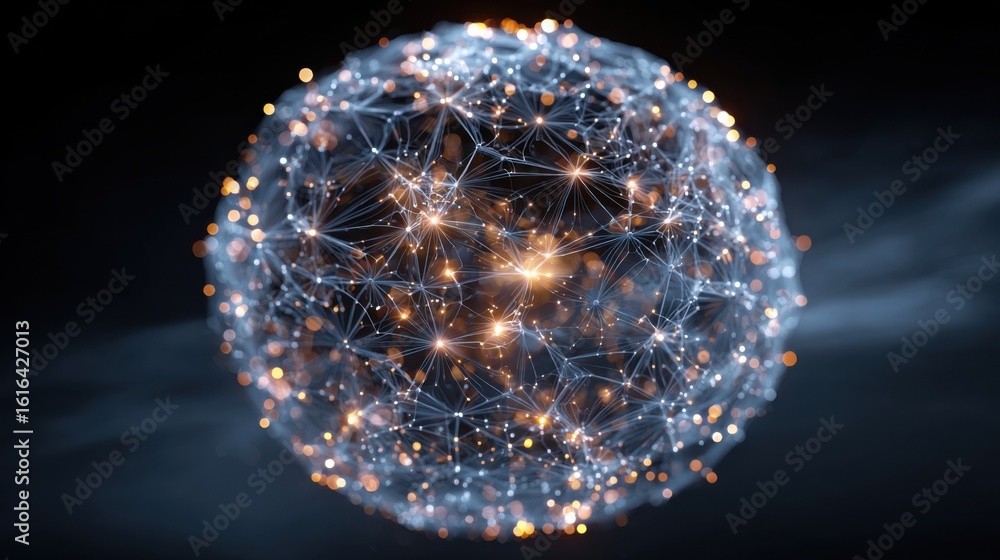 Poster an intricate visualization of a network composed of glowing nodes and luminous connections is displa