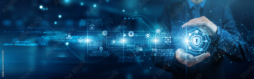 Poster cybersecurity expert hands holding firewall network security network connections protection intrusio