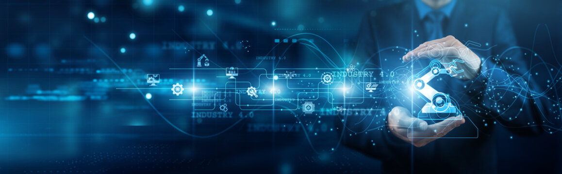 Industry expert hands holding chip Industry 4.0 network connections smart manufacturing IoT robotics data analytics AI integration automation innovation productivity transformation. - Powered by Adobe