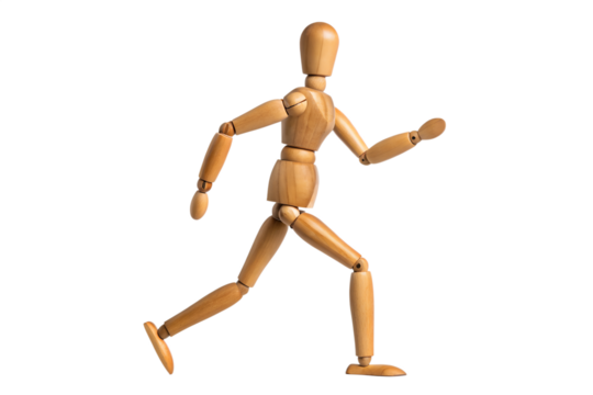 Wooden Art Mannequin in a Running Pose, Isolated on a Neutral Background