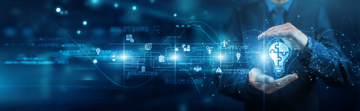 Solution architect hands holding blueprint solutions network connections integration platforms technology design implementation strategy innovation problem-solving efficiency.