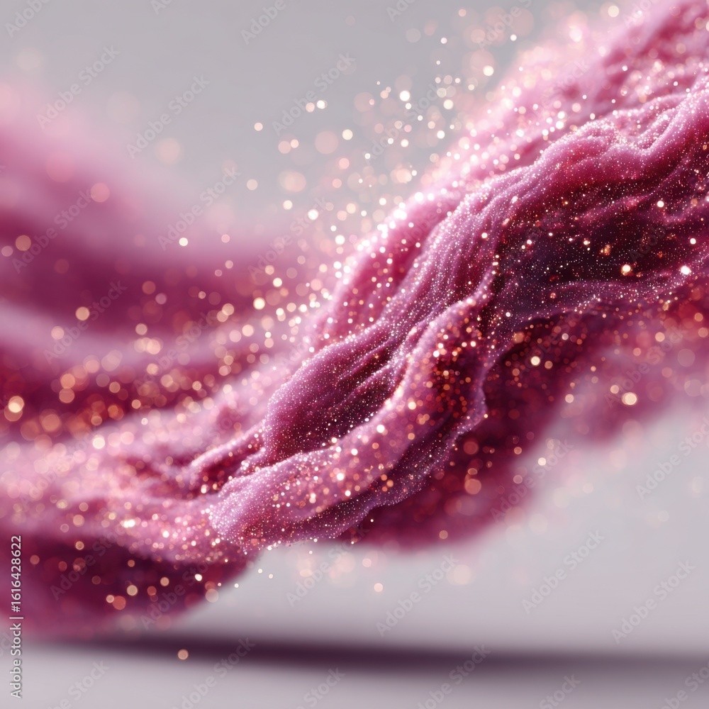 Poster a gentle wave of textured fabric takes form in a soft pink shade, illuminated by sparkling particles