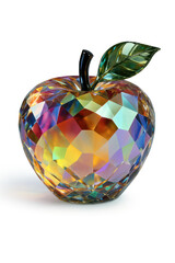 High-resolution close-up of a faceted crystal apple figurine on a white background. The multicolor reflective surface displays vibrant rainbow hues, enhanced by precise geometric cuts.