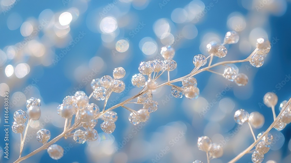 Poster close-up of delicate decorative beads on a branch against a bokeh background, highlighting intricate