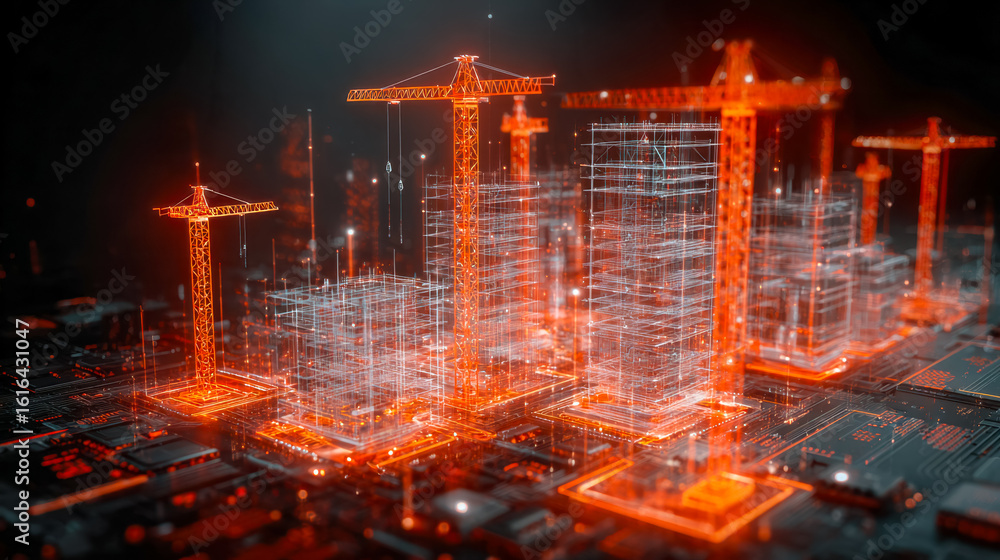 Poster digital blueprint of a futuristic construction site with illuminated cranes and building outlines