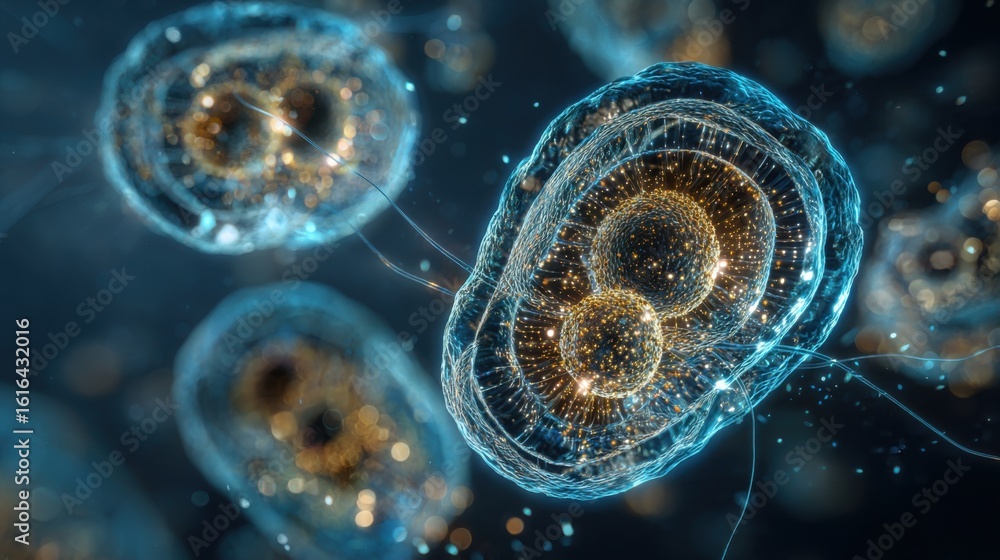 Aufkleber glowing cells are showcased with intricate details, revealing vibrant colors and complex structures 