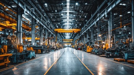 Fototapeta premium An expansive industrial warehouse showcases rows of heavy machinery, equipment, and tools under bright overhead lighting. The facility radiates activity and productivity.