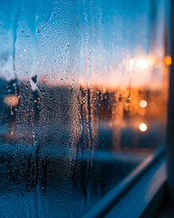 Close up of morning window with raindrops and vertical trails, raindrops reflecting soft sunrise light, window surface blending blue and orange hues, calm rainy sunrise atmosphere