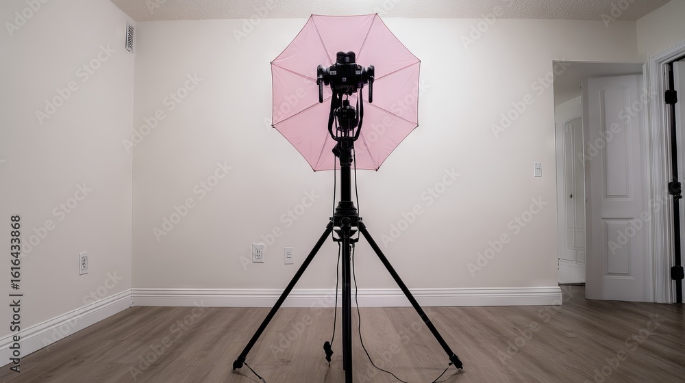 Poster photography studio setup featuring a tripod with a pink softbox umbrella light illuminating an empty