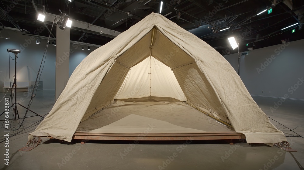 Poster canvas tent structure displayed in a modern gallery space, showcasing interior design elements and l