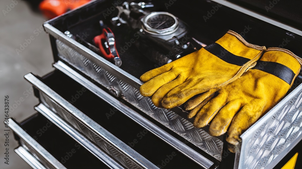 Poster yellow work gloves resting on a toolbox with tools and equipment inside, showcasing a well-organized