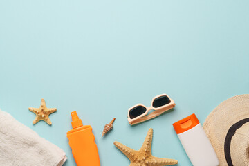 Summer flat lay background on blue.