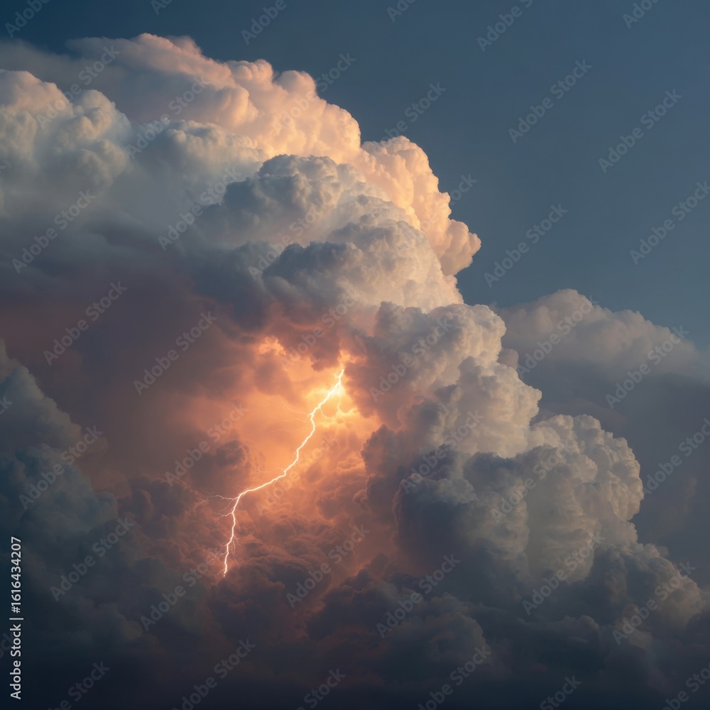 Poster a powerful thunderstorm is developing with dark clouds illuminated by striking lightning at dusk. th