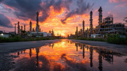Fototapeta premium An industrial area showcases towering structures against a vibrant sunset, with colorful clouds mirrored in puddles on the road. The atmosphere combines nature and industry.