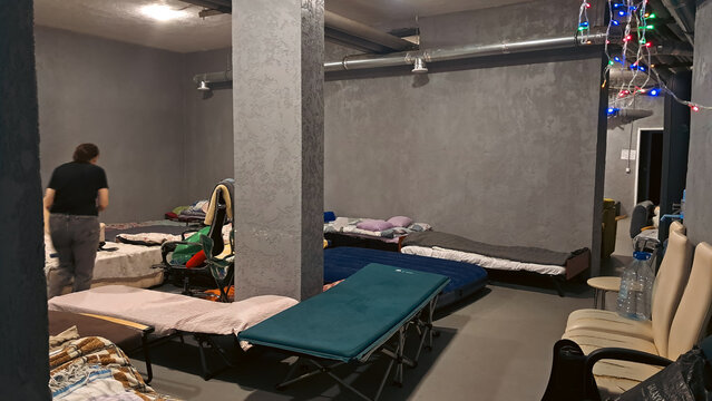 Shelter room in Ukrainian city prepared for people during bombing threat period