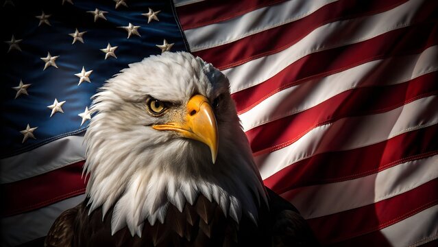Majestic bald eagle soars against iconic American flag for patriotic symbolism