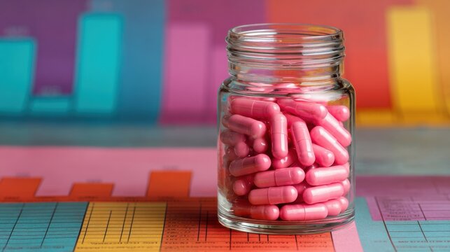 A clear glass jar filled with pink capsules rests on a vibrant table displaying colorful charts and data sheets. The setting suggests a focus on health, research, and analysis.