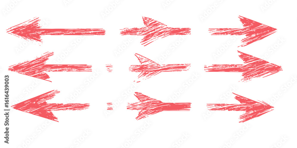 Poster set of red sketch arrows pointing left and right with rough crayon texture and hand drawn grunge sty
