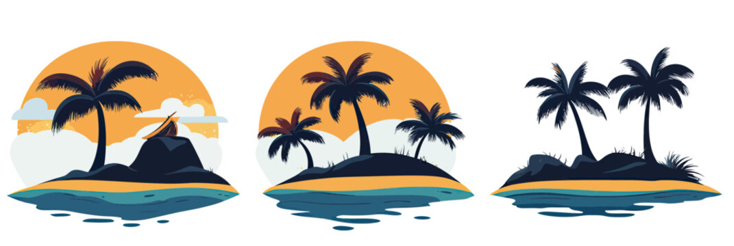 Set of three tropical island illustrations with palm trees, rocks, beach, ocean reflections, minimal flat vector design for t shirt and travel themes
