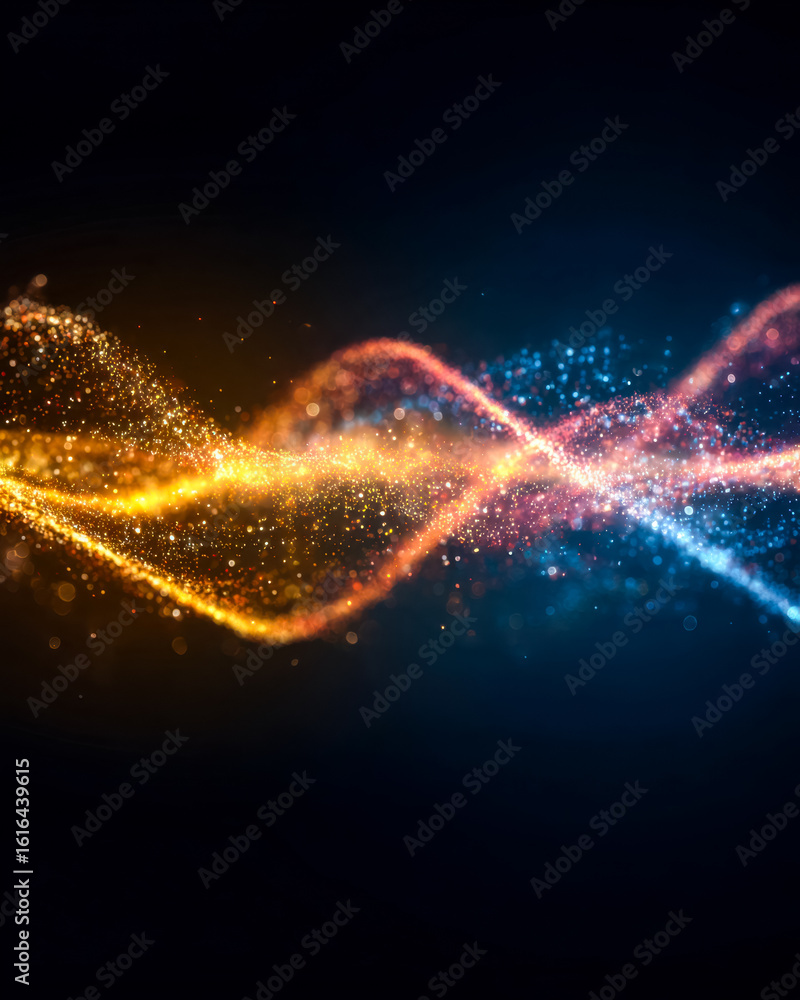 Poster vibrant glowing wave patterns of colorful particles on dark background