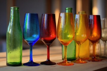 Colorful glass bottles and wine glasses