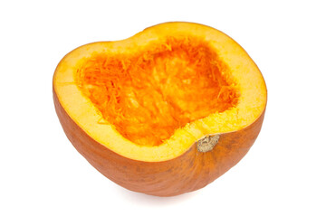 Bright orange pumpkin cut in half, showcasing its vibrant inner flesh and seeds, perfect for autumn...