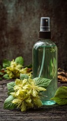 Light-green spray bottle beside pale yellow flowers and leaves on a rustic wooden surface