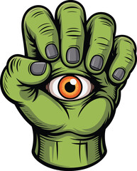 Green monster hand with eye, creepy cartoon illustration, horror hand graphic, Halloween design, spooky vector art, eyeball in palm
