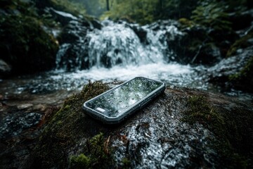 Rugged phone rests on mossy rock near waterfall