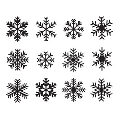 Collection of Twelve Varied Snowflake Designs Winter Season Holiday Elements Decorative and Stylized Illustrations Cold Weather and Festive Patterns