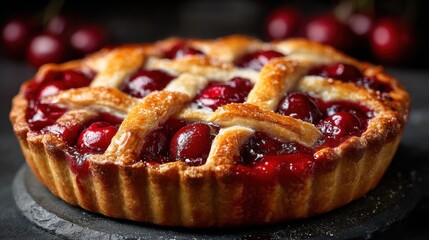 A delicious cherry pie sits on a dark stone surface, showcasing golden crust and shiny red filling. Ripe cherries are placed nearby, enhancing the inviting scene of homemade dessert.