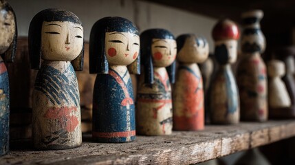 Wooden figurines, traditional Japanese style, on weathered shelf