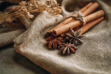 Cinnamon sticks and star anise on burlap