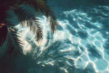 Palm tree shadows reflected in a teal swimming pool