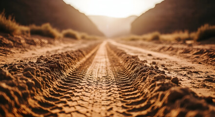Desert Road Tire Tracks Leading Toward Sunset in Arid Landscape with Mountain Background and Warm Golden Light Creating a Serene and Inviting Atmosphere for Travel and Adventure Enthusiasts