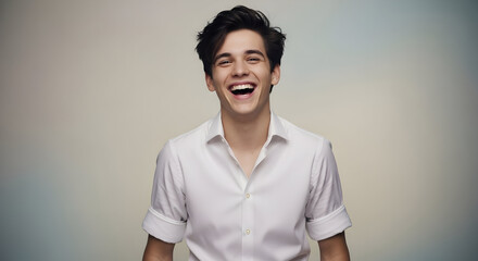 Young happy woman with short dark hair wearing a white shirt smiling joyfully in a bright studio setting for lifestyle and happiness themed stock photography