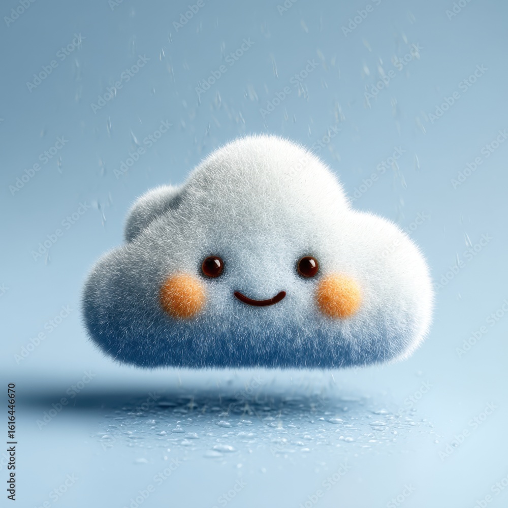 Poster a smiling cloud character with fluffy texture and rosy cheeks sits against a light blue backdrop. ra