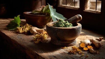 Herbal remedy in stone mortar