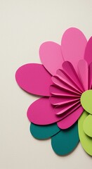 Paper Flower Design: Colorful Pink, Green & Teal Petals on Cream Background - Handmade Craft, Spring, Summer, Decoration, Arts & Creative Design Element