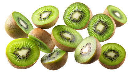 Fototapeta premium Vibrant slices of fresh kiwi fruit displayed against a stark black background showcasing their green flesh and black seeds