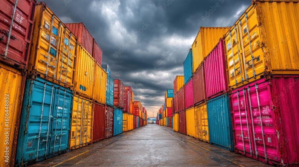 Poster brightly colored shipping containers are stacked high in a freight yard, creating narrow passageways