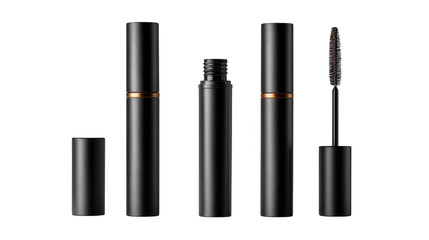 Obraz premium Elegant black mascara tube with applicator wand and cap isolated on transparent background