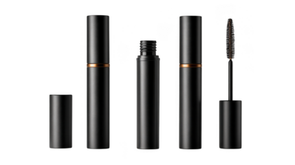 Elegant black mascara tube with applicator wand and cap isolated on transparent background