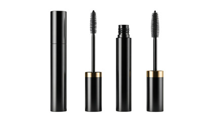 Obraz premium Luxurious black mascara tube and wand with gold accent isolated on transparent background