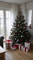 Decorated Christmas tree with red and white ornaments and wrapped presents for holiday season. Festive New Year celebration.