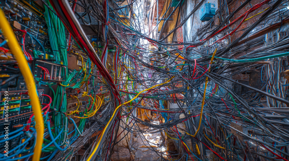Poster intricate maze of tangled electrical wires and control panels in a dense data center corridor